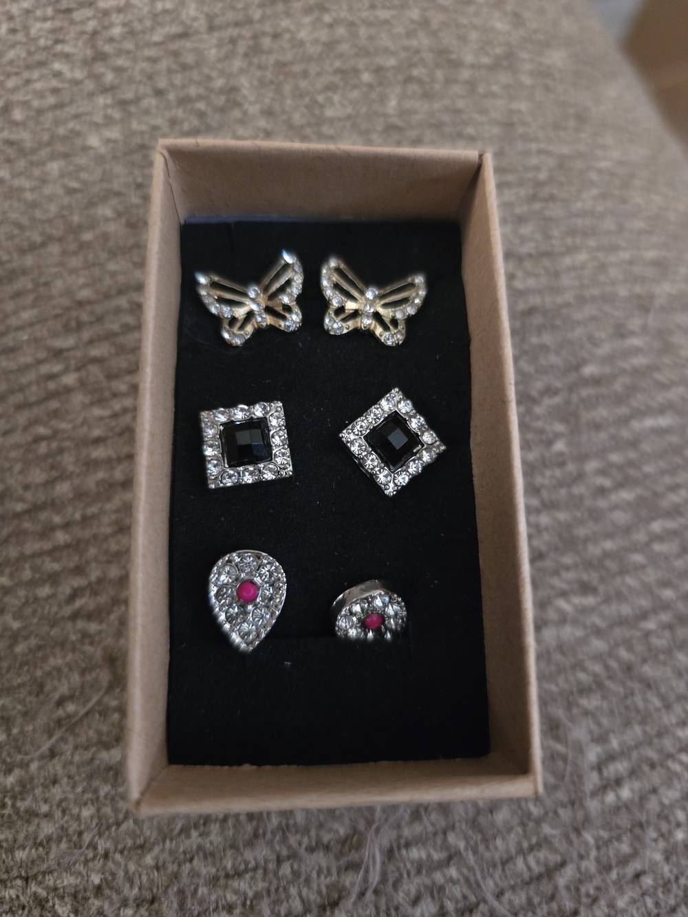 Silver Butterfly and Gemstone Earring Set - Black & Pink Accents